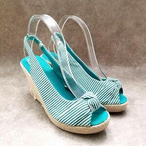 Dots Womens Joon 2  Sz 9 M Green Stripes Peep Toe Slingback 3.5" Heels Wedge